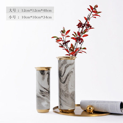 现代轻奢大理石水墨纹理陶瓷花瓶镀金花器样板房酒店家具城摆件