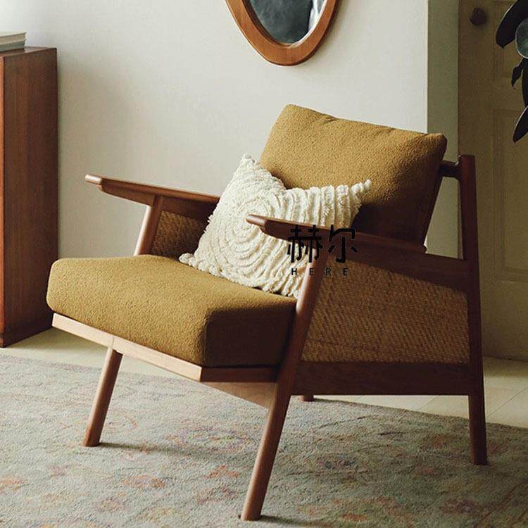 中古单人沙发椅法式复古客厅阳台卧室设计师实木樱桃木休闲椅子
