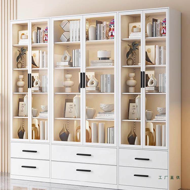 钢制书柜带玻璃门家用防尘客厅现代简约落地铁艺书架组合展示柜子