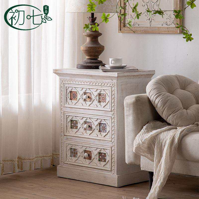 地中海风彩绘复古抽屉斗柜美式田园床头柜收纳柜卧室客厅实木边柜