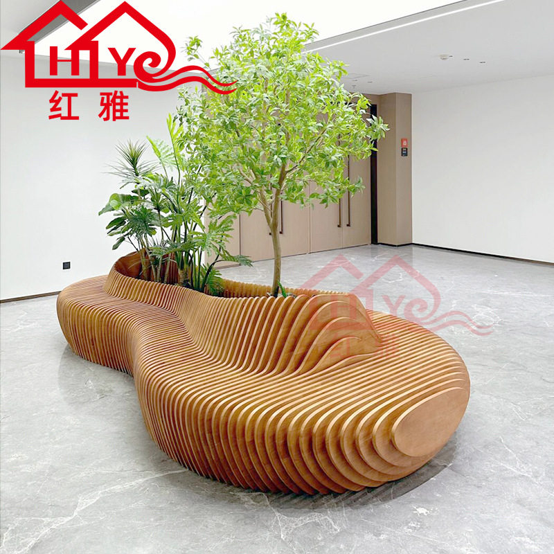 实木切片花池商场造景大花坛坐凳弧形树池座椅室内休闲椅等候排椅
