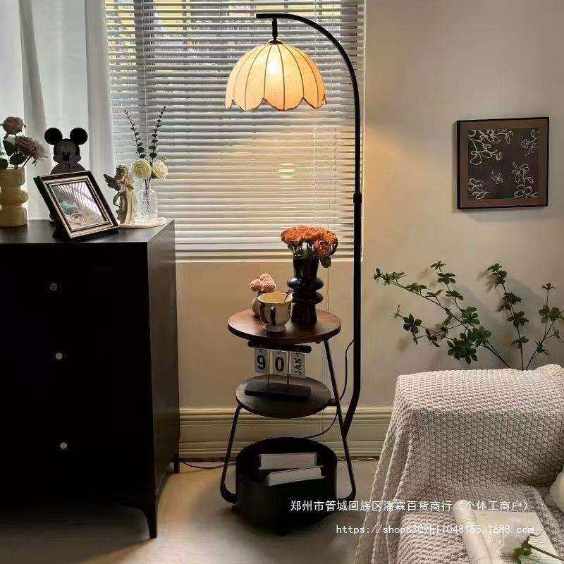 卧室床头落地灯法式复古客厅沙发旁装饰氛围灯中古风置物收纳台灯