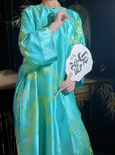 绿松石色真丝老缎双彩新中式连衣裙国风国潮春夏款显瘦连衣裙