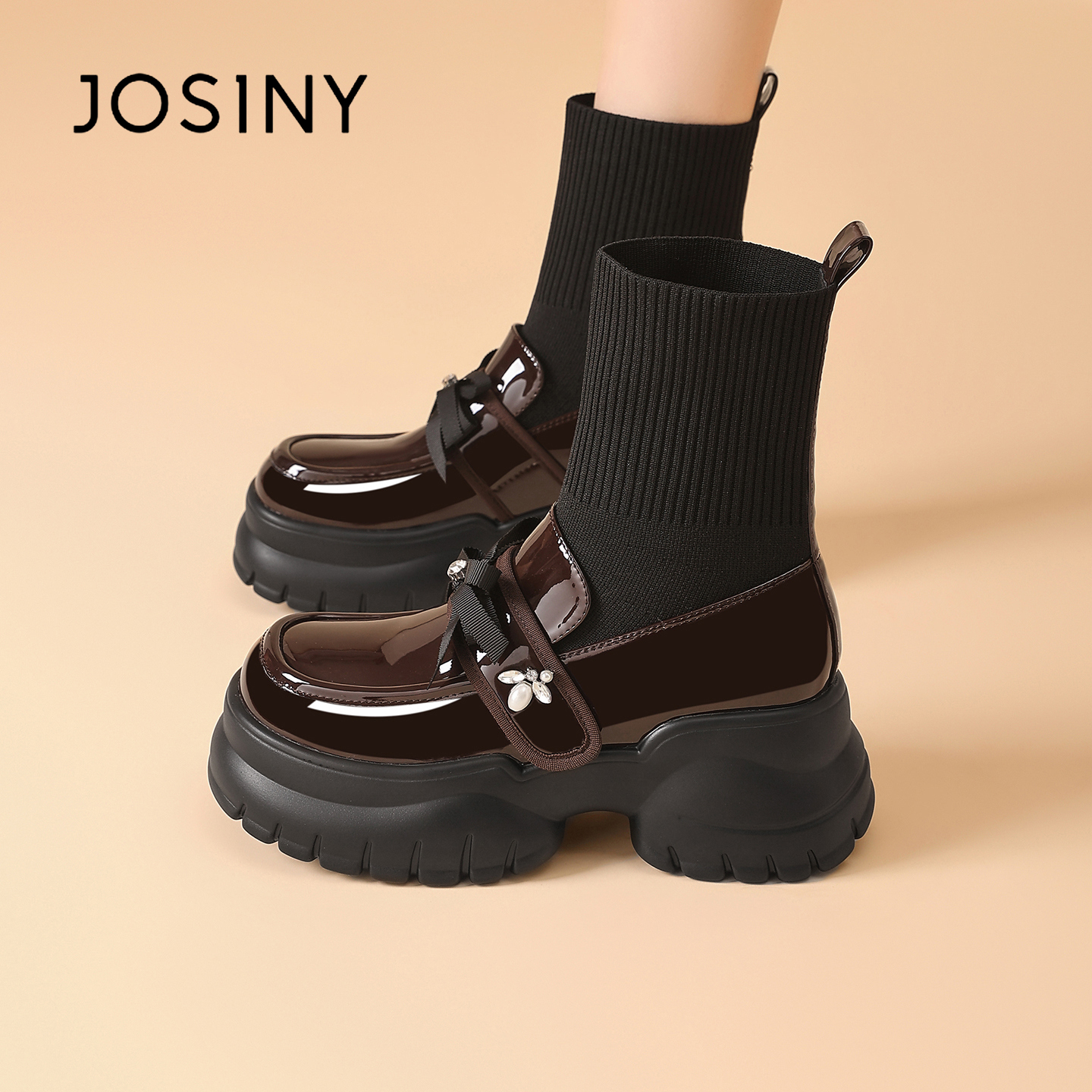 卓诗尼厚底弹力袜靴黑色靴子皮鞋