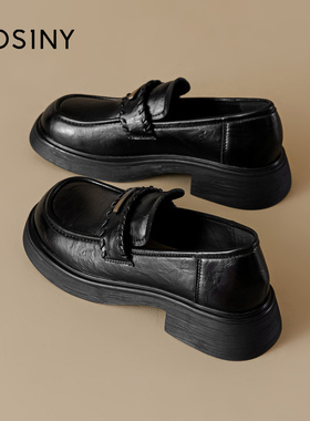 卓诗尼英伦风黑色乐福鞋女2025新款秋季厚底一脚蹬不累脚小皮鞋子
