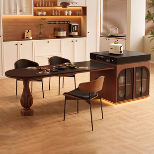 复古岩板岛台餐桌可伸缩中古法式 半圆高级西厨储物多功能餐厅