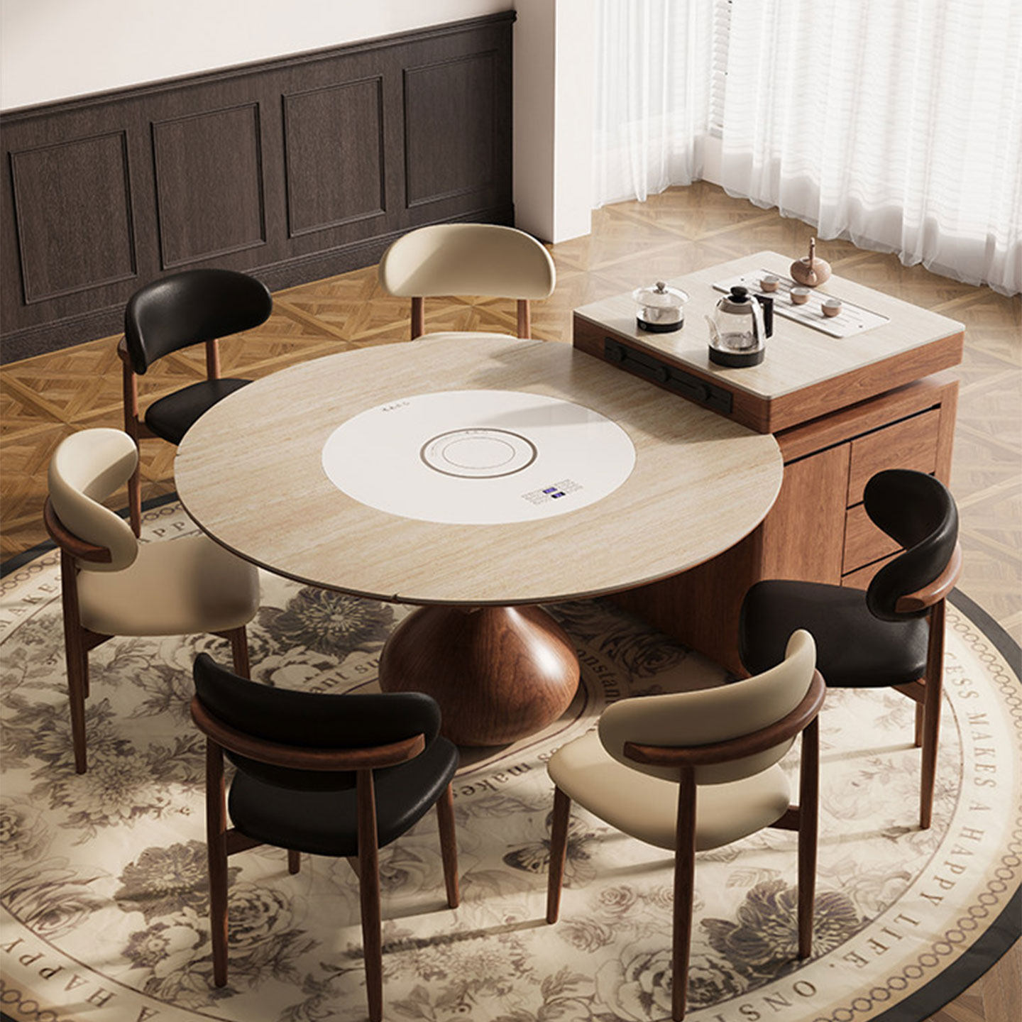 伸缩洞石岩板岛台餐桌一体圆桌实木家用带电磁炉转盘茶餐桌椅组合,住宅家具,岩板餐桌,淘宝优惠券,粉丝福利购,淘宝优惠卷