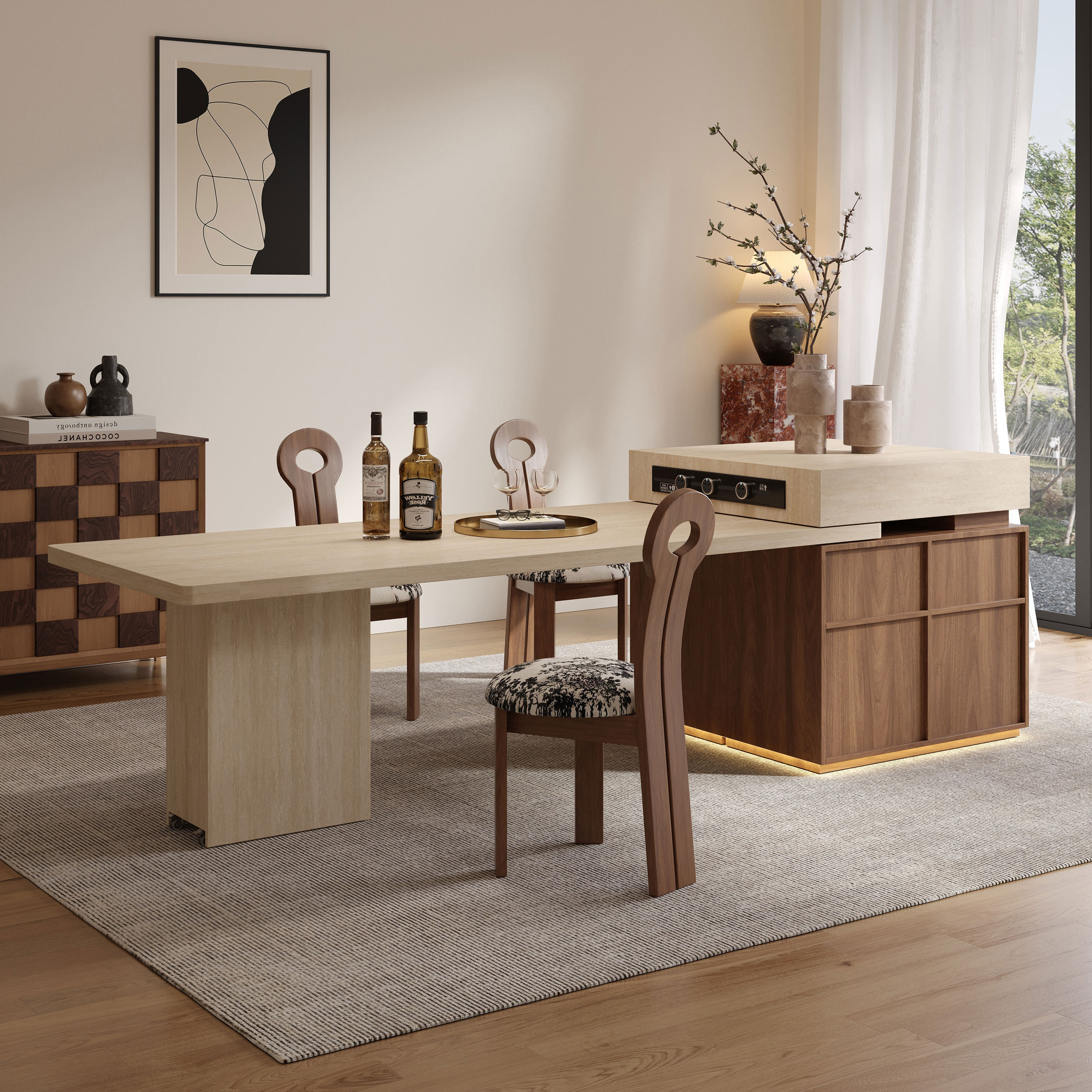 高级电动可伸缩岛台一体餐桌家用全岩板极简开放式餐厅中岛台桌