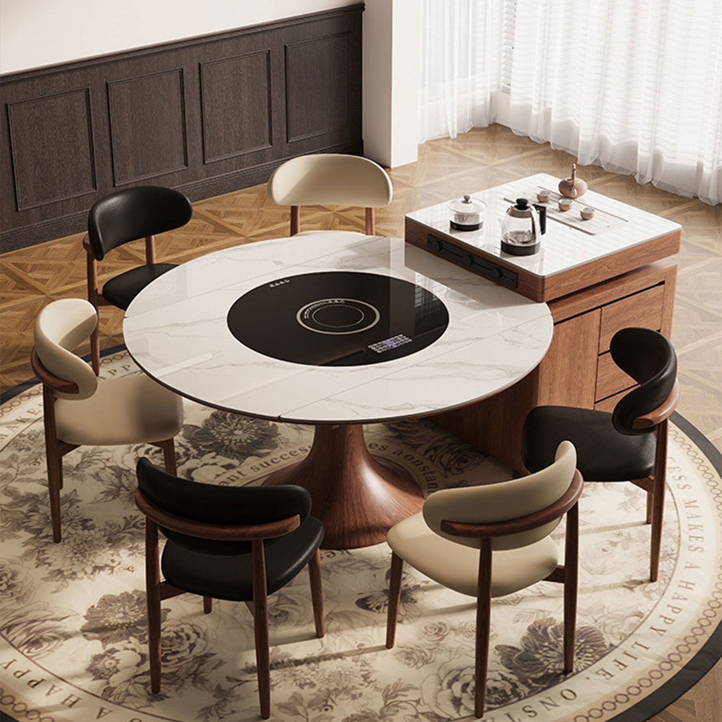 现代简约小户型岛台餐桌一体家用伸缩2025新款带电磁炉暖菜板转盘,住宅家具,岩板餐桌,淘宝优惠券,粉丝福利购,淘宝优惠卷