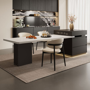 意式轻奢下挂岩板岛台餐桌一体可伸缩家用开放式厨房高级感中导台