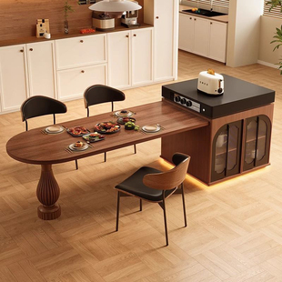 复古岩板岛台餐桌可伸缩中古法式 半圆高级西厨储物多功能餐厅