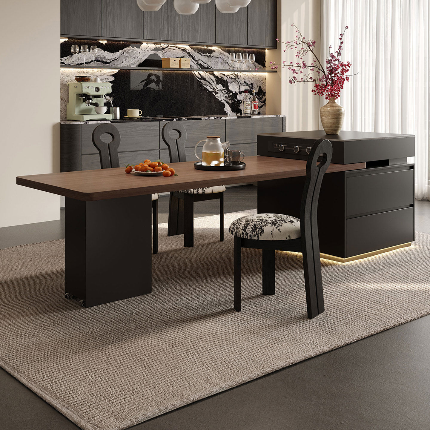 轻奢高级感奢石可伸缩岩板岛台餐桌一体家用带水槽小户型餐厅导台