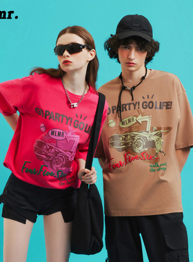 MLMR新款复古街头风情侣装潮牌美式短袖t恤半袖男女同款夏季上衣