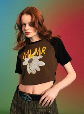 MLMR24春夏新款撞色拼接美拉德修身短款短袖T恤上衣露脐甜辣女装