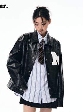 MLMR秋季新款宽松仿鳄鱼纹PU潮女款长袖外套女士短外套皮衣夹克男