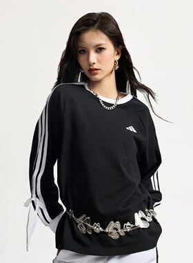 阿迪达斯三叶草女子运动宽松休闲三条纹圆领长袖T恤KG3858 KG3859