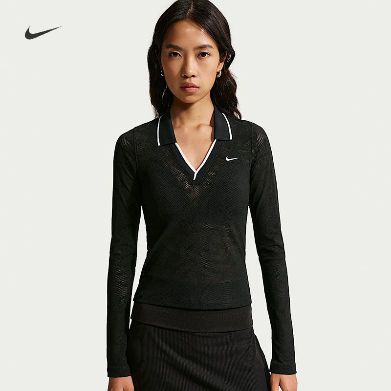 耐克/NIKE女子运动休闲紧身短款翻领长袖蕾丝上衣IM8390-010-486