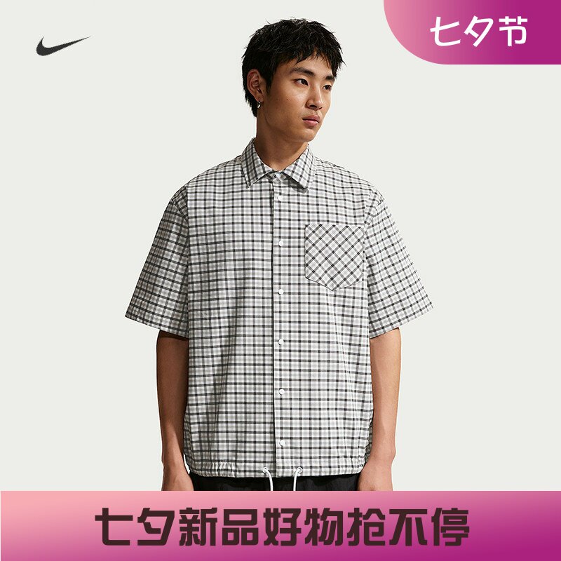 耐克/NIKE男子宽松休闲格子印花翻领运动短袖衬衫IR7577-009-468
