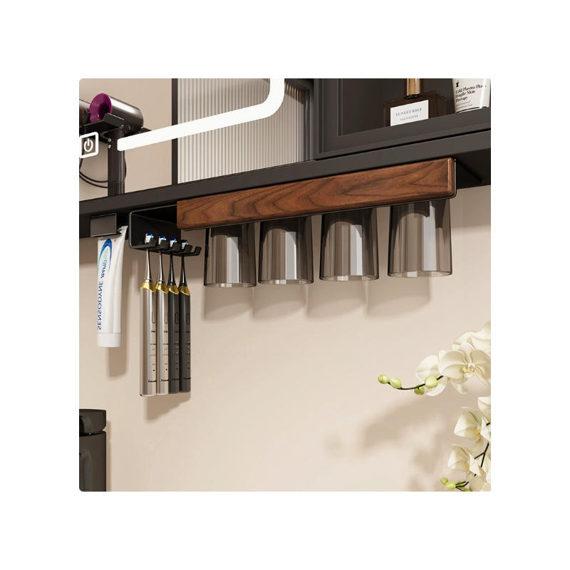 北美进口胡桃木磁吸牙刷置物架壁挂卫生间浴室镜牙刷漱口杯收纳架