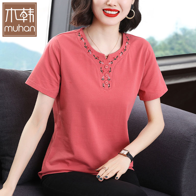 中年妈妈短袖t恤女夏季薄款纯棉小衫2022年新款妇女剌绣减龄上衣
