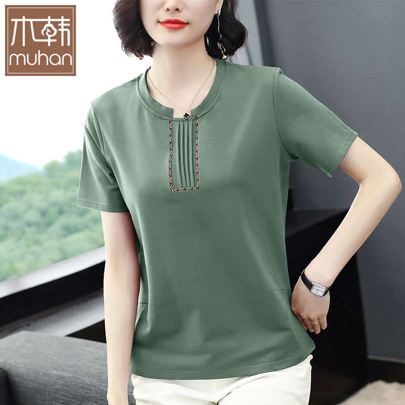 中年妇女夏装纯棉百搭妈妈秋衣短袖t恤女春秋装全棉显瘦长袖上衣