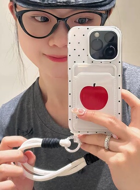 韩系ins波点红苹果腕带挂绳civi4/5pro适用K70小米17/15手机壳K80卡包Note14新款13PRO红米k50插卡11放照片60