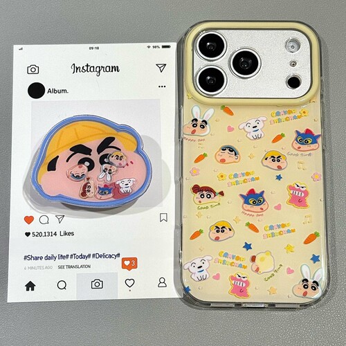 ins奶黄底卡通小新可爱支架适用realme NEO8/7/GT5/6Pro真我13手机壳GT2女GT8防摔GT7Pro真我15PRO+14新款12