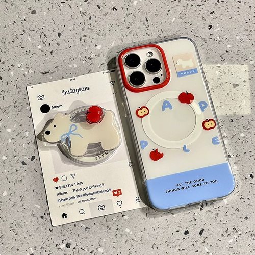 英文红苹果小狗旋转磁吸支架适用小米17/14/15手机壳k70红米K50/K60/80至尊Note15/13/12可爱Turbo4/civi5PRO