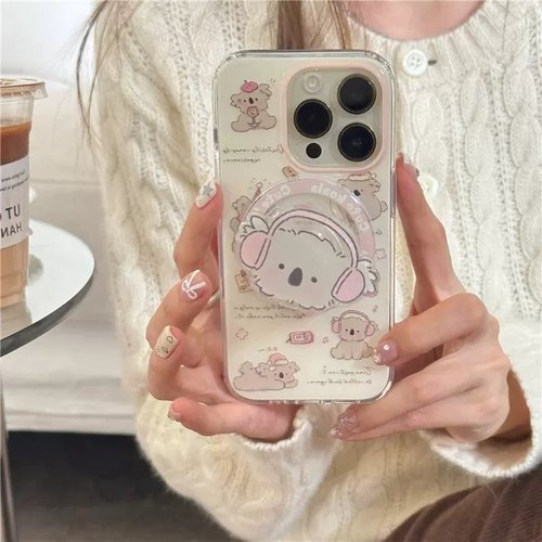 涂鸦戴耳机考拉磁吸支架适用A5/OPPO Reno14/13/12/11F手机壳Find X9硬X8ultra/A72卡通A6pro女X7防摔A3X/A58