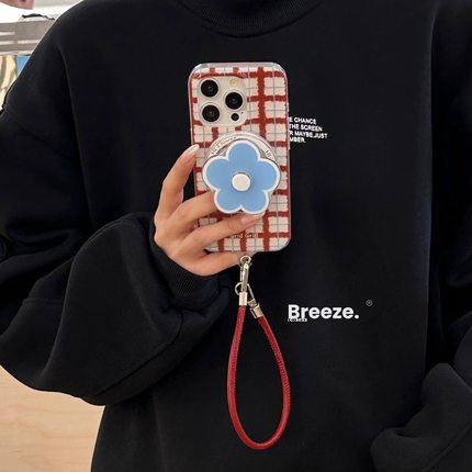 蓝棕格纹花朵磁吸支架适用A5/OPPO Reno15/14/13/12pro手机壳Find X9/X8ultra/7复古A72手绳A6/A3X防摔A58/96