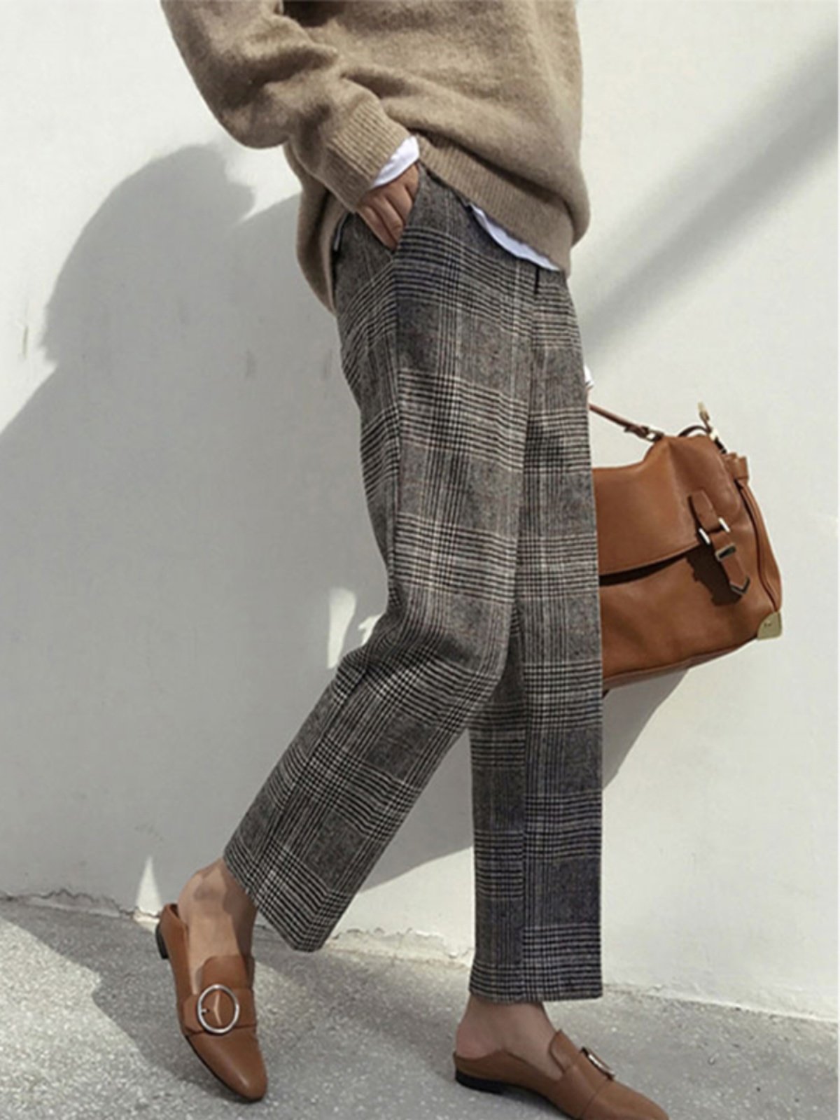 高档羊毛格纹秋裤新款女士别致优雅的小个子窄西装裤休闲小腿裤,女装/女士精品,大码裤装,淘宝优惠券,粉丝福利购,淘宝优惠卷