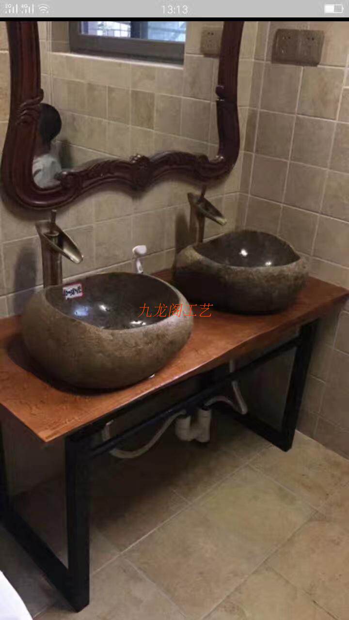 复古全铜酒杯形水龙头天然生态鹅卵石洗手盆石盆水池自然形态石槽