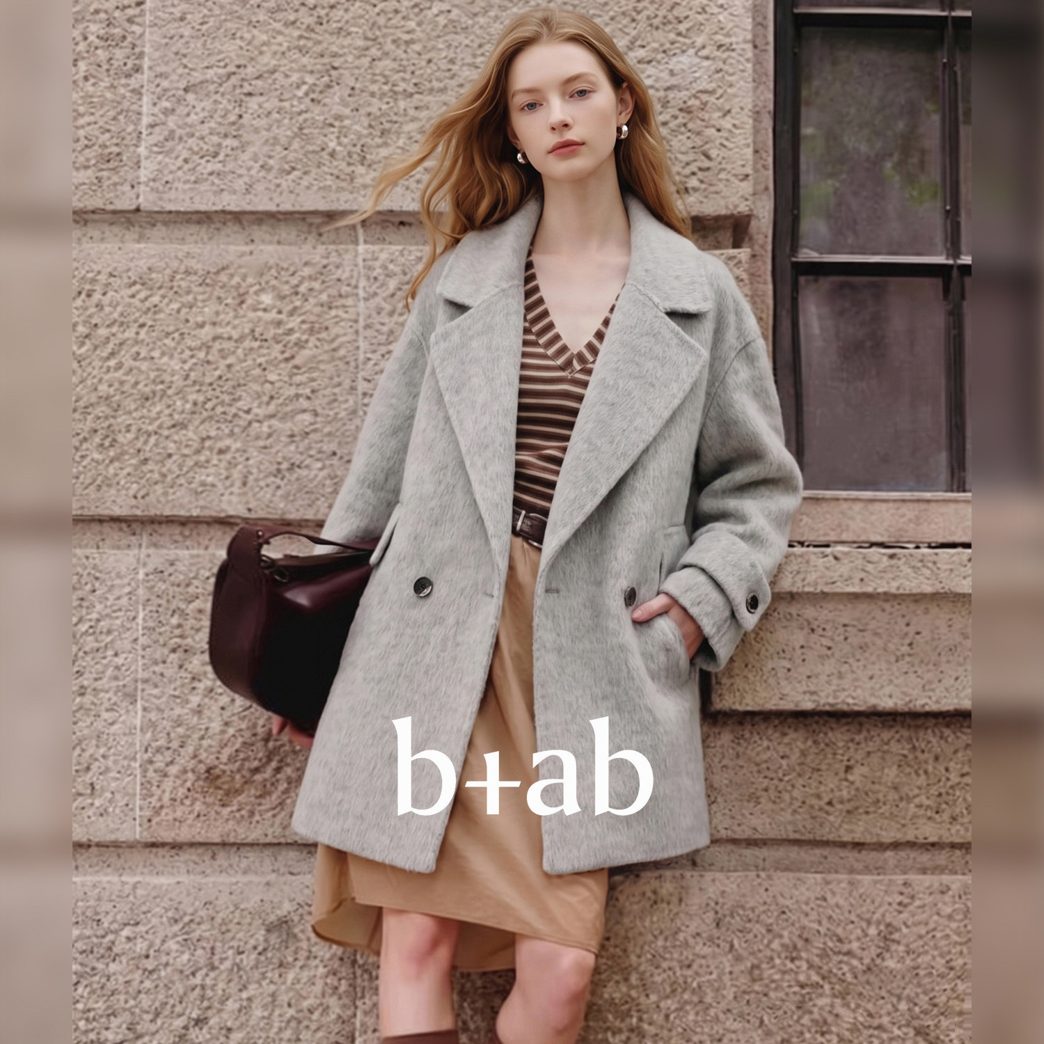 it b+ab 2026冬季新款灰色毛呢女西装领双排扣中长款宽松显瘦外套