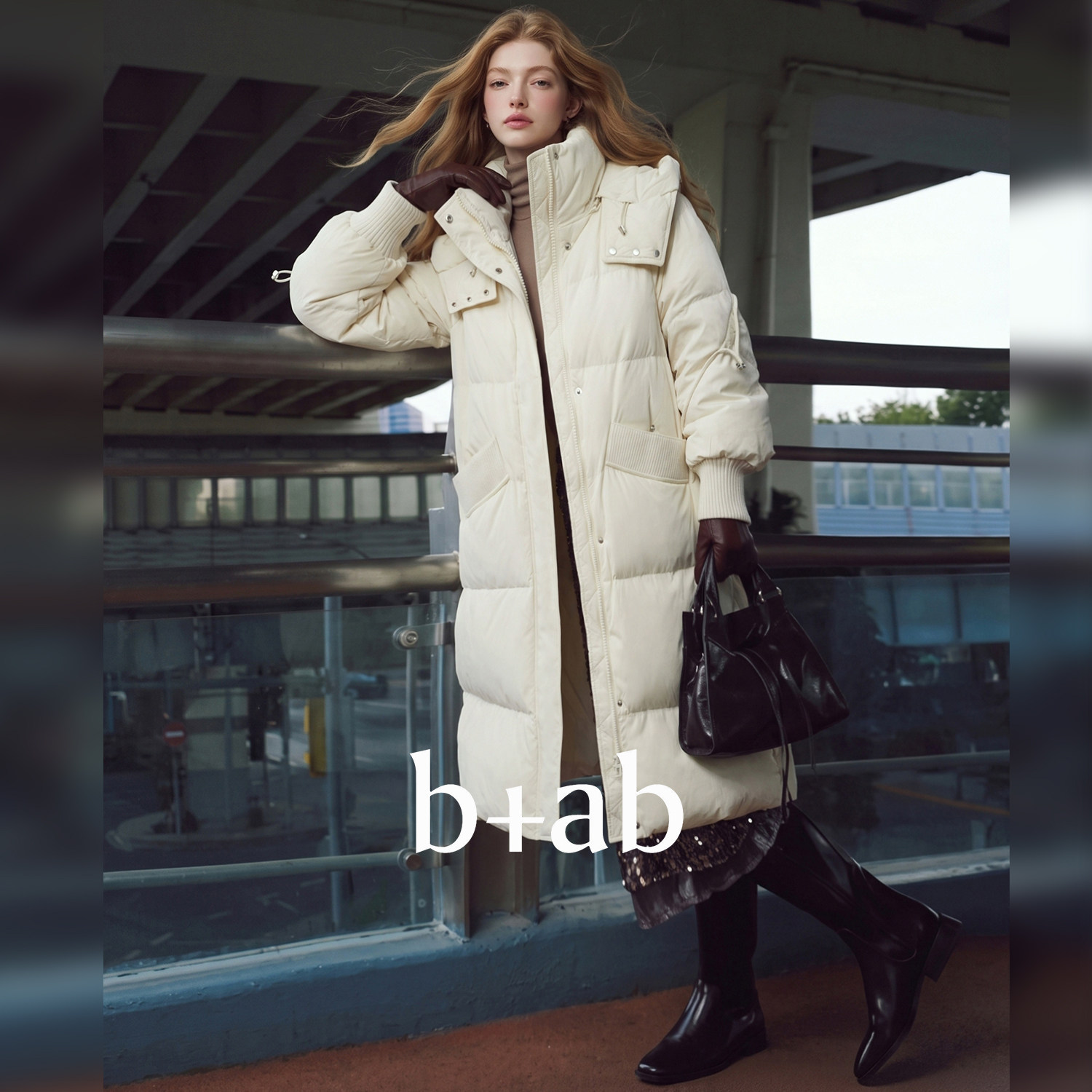it b+ab 2026冬季新款深米白色羽绒服女连帽立领长款宽松气质外套