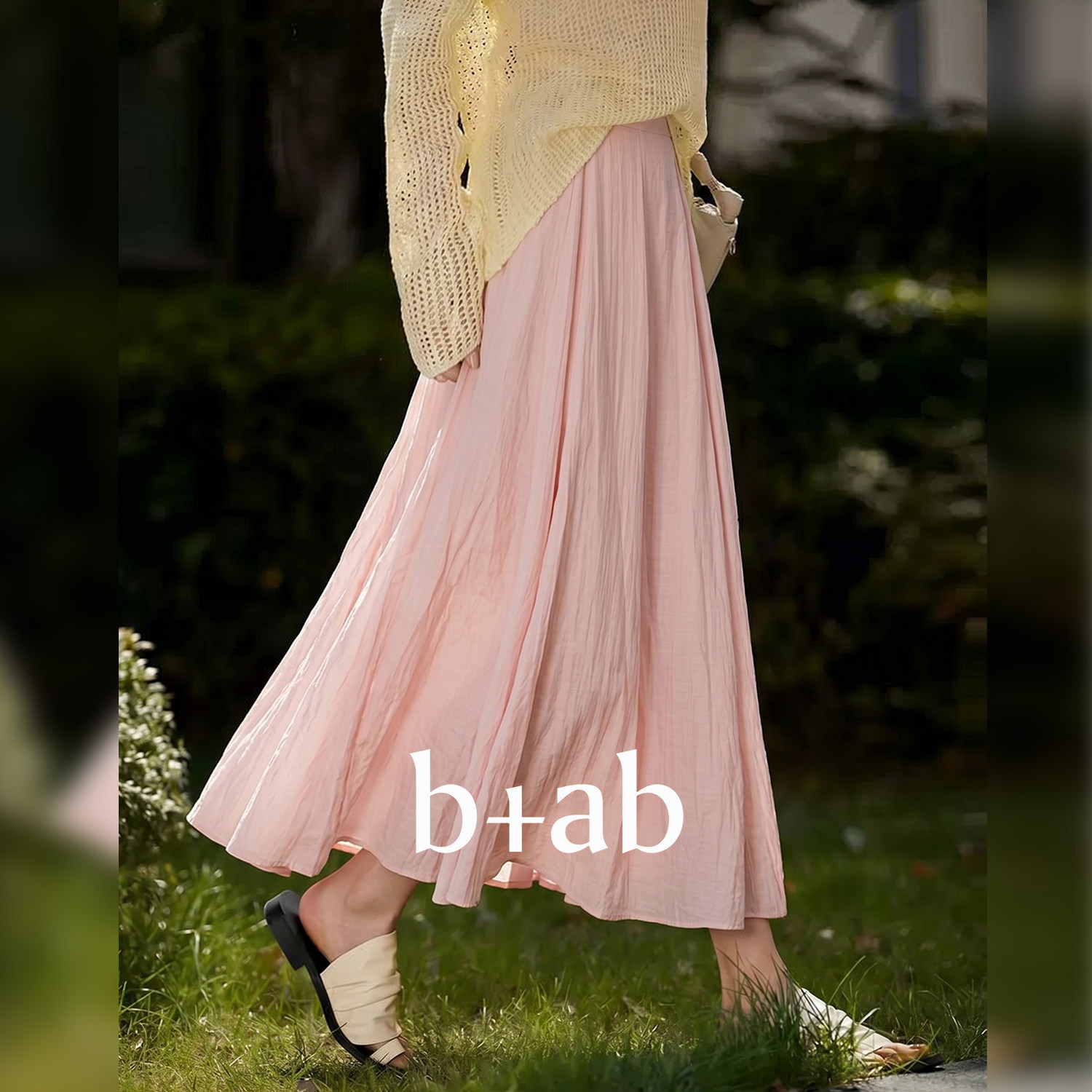 it b+ab粉色褶皱A字半身裙女2026夏新款高腰显瘦百搭中长款大摆裙