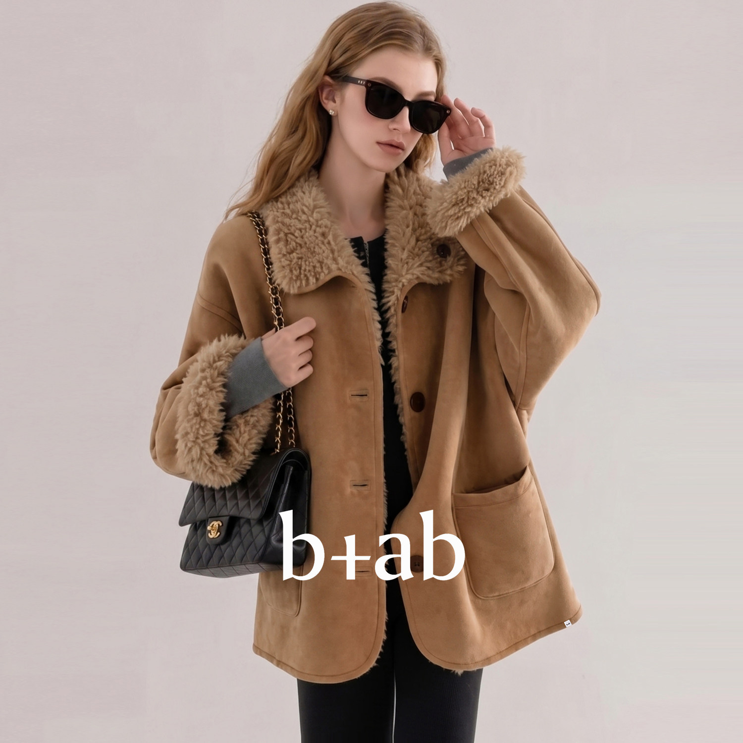 it b+ab 2026冬季新款短外套深卡其色毛绒中长款女款外穿上衣款