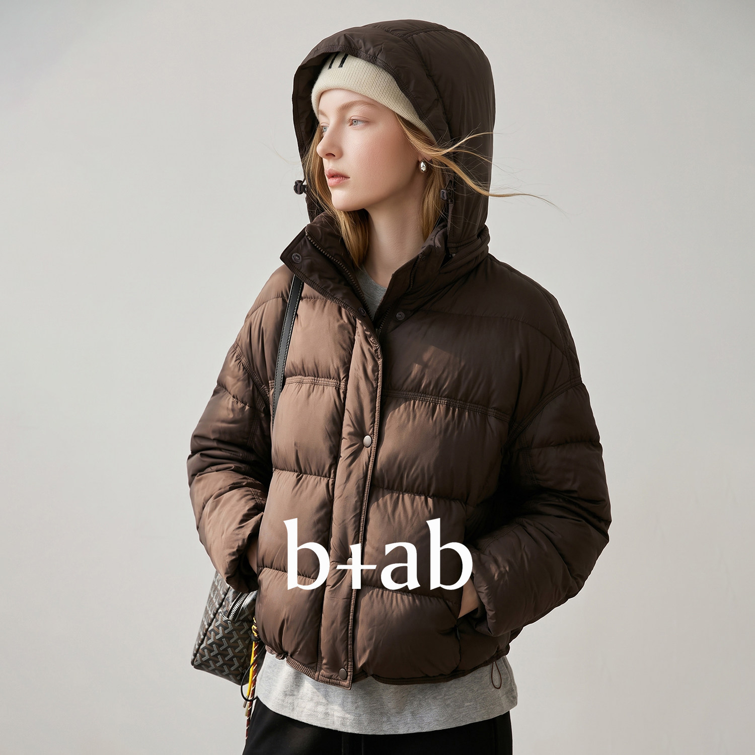 it b+ab深咖啡色白鸭绒羽绒服秋女通勤休闲抽绳下摆宽松保暖外套