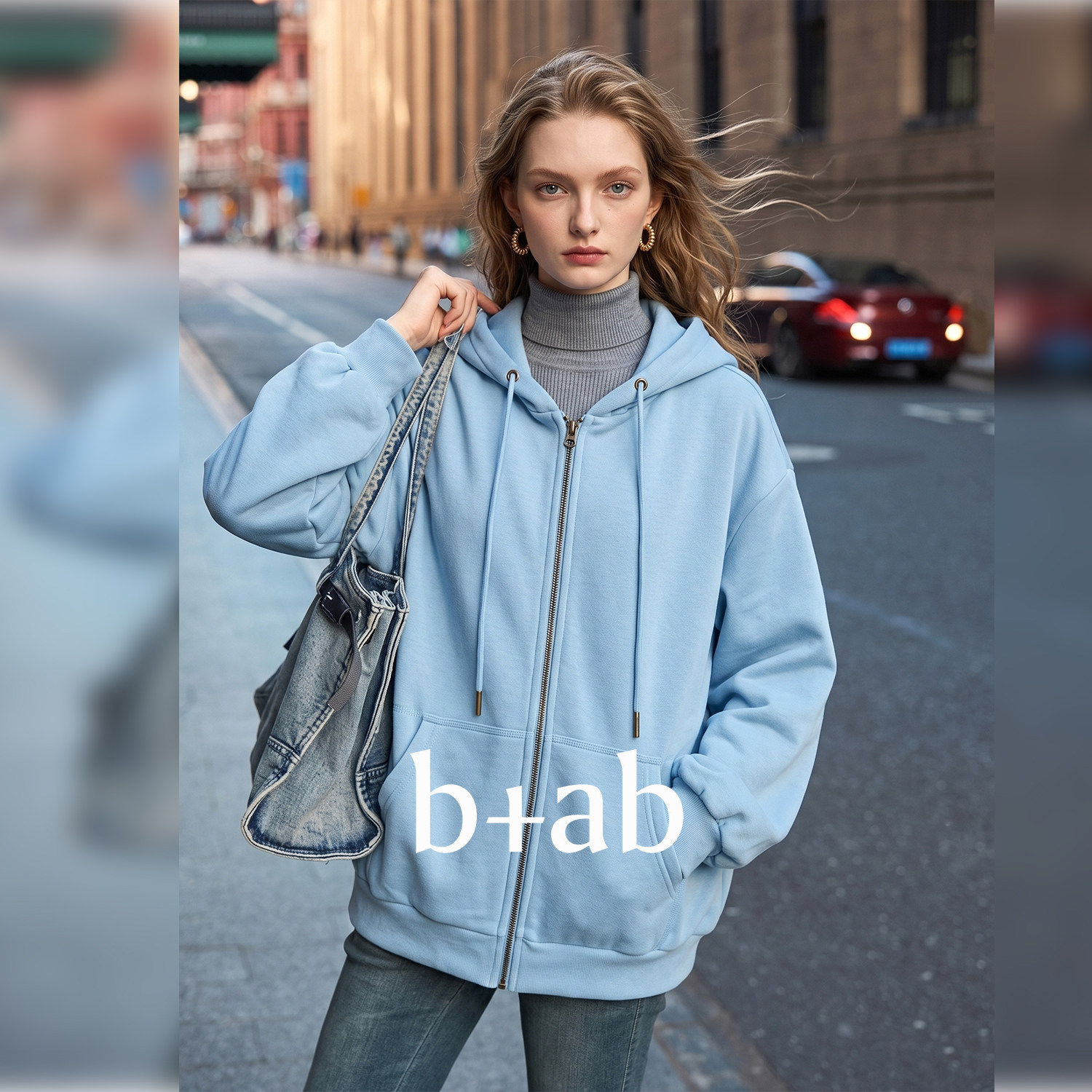 it b+ab 2026冬季新款蓝色外套女连帽拉链开衫宽松显瘦休闲上衣