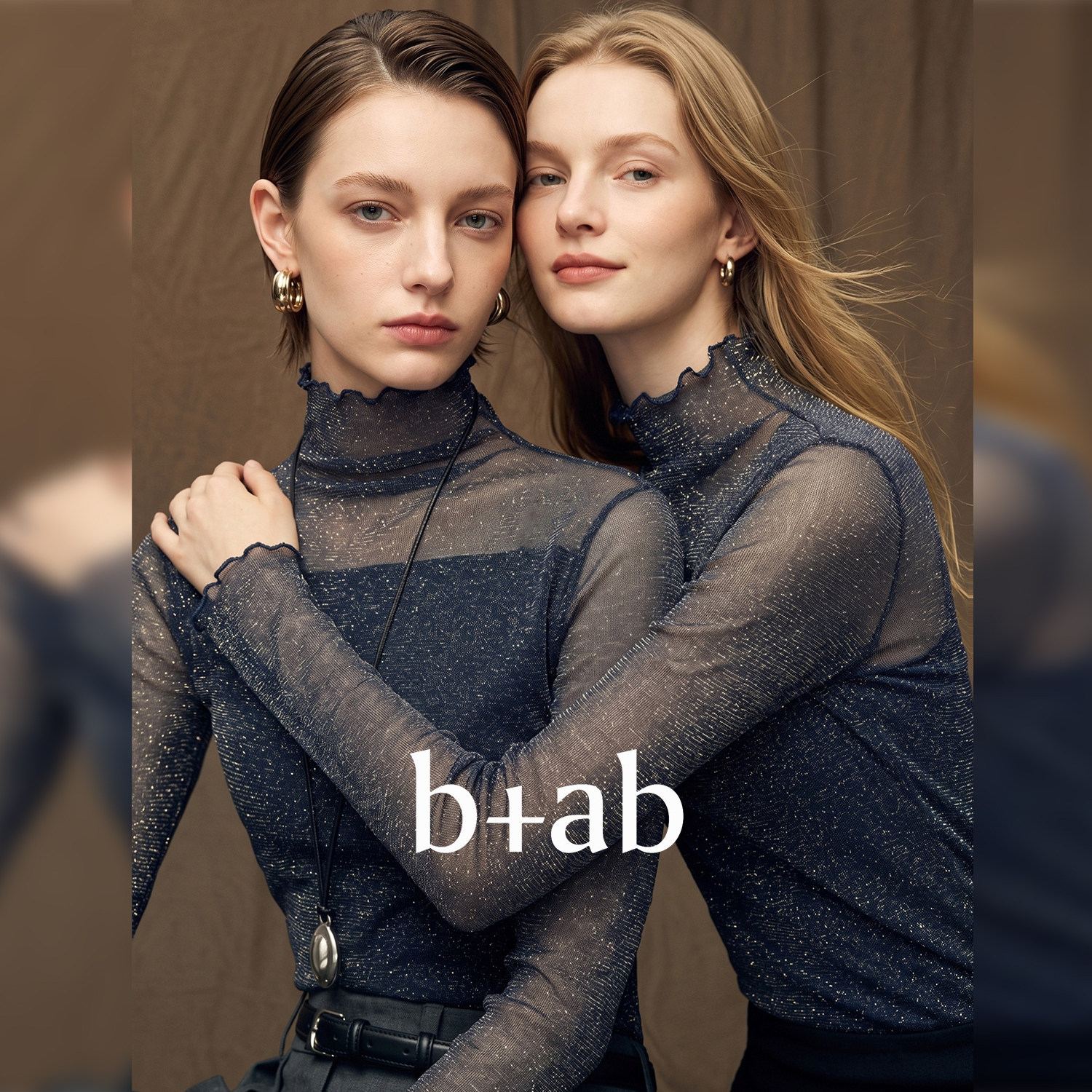 it b+ab 2026秋季新款T恤女高领木耳边网纱长袖气质通勤打底上衣