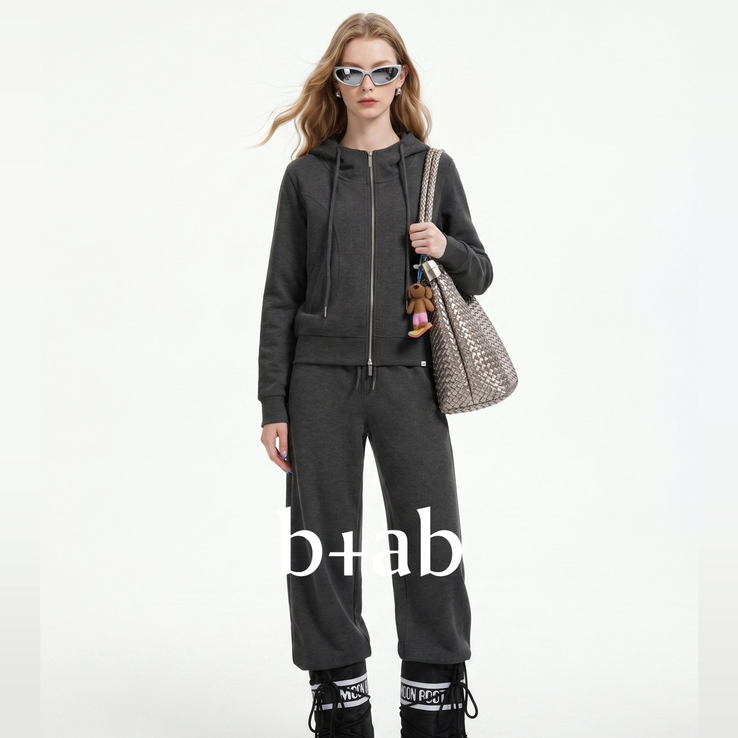 it b+ab 2026秋季深灰色休闲运动套装女连帽拉链开衫阔腿裤两件套