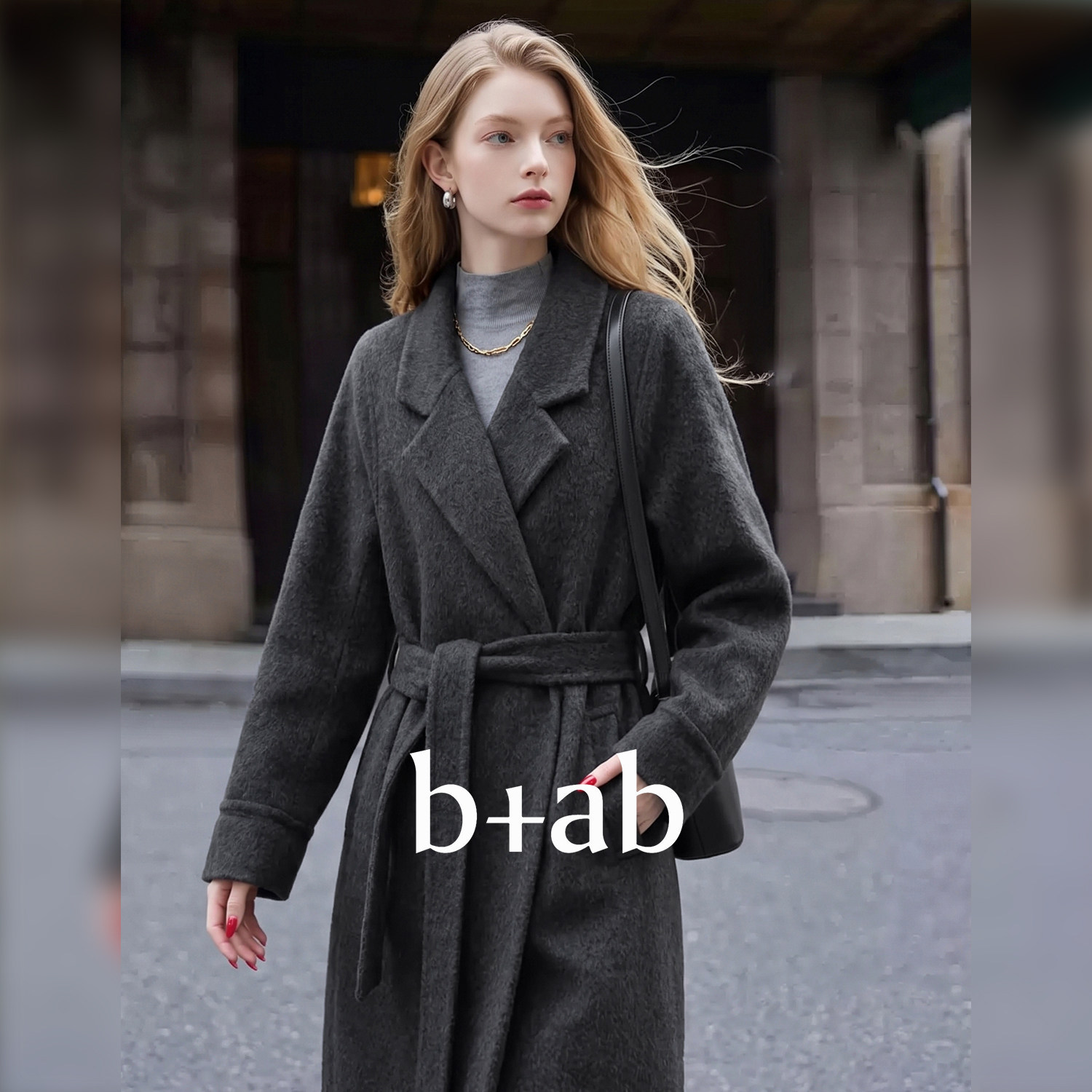 it b+ab 2026冬季新款毛呢大衣女西装领长款系带收腰气质宽松外套