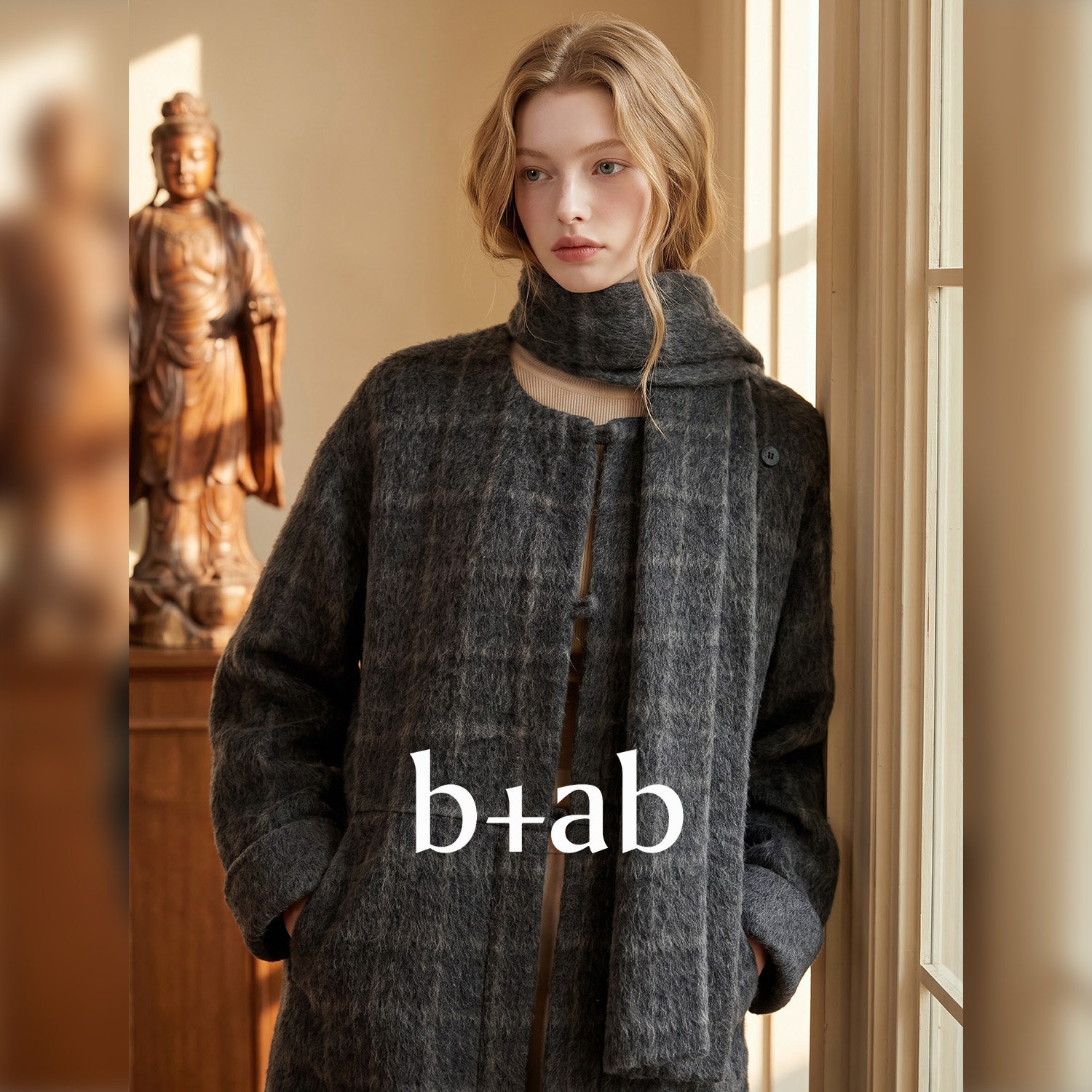 it b+ab 2026冬季新款深灰色毛呢女圆领格纹长款宽松落肩袖外套