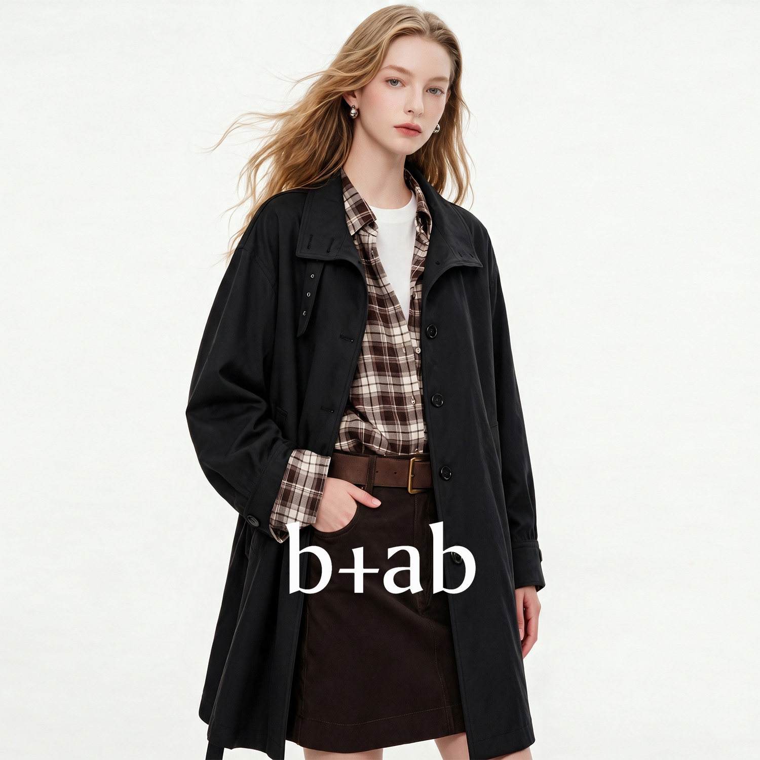 it b+ab2026秋季新款黑色中长款风衣女立领宽松休闲气质大衣外套