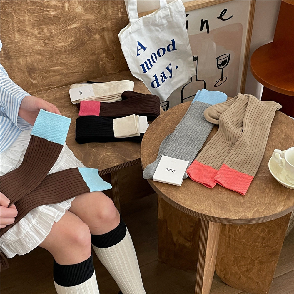 IOULOR新款少女拼色小腿袜2025春夏学院风双针袜子多巴胺长筒潮袜