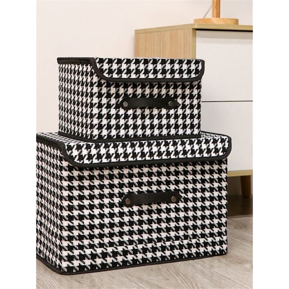 可折叠布艺收纳箱带盖防尘大容量储物箱格纹手提家用衣柜内衣收纳