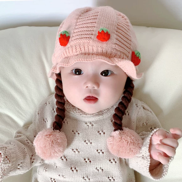 婴儿帽子秋冬款女宝宝可爱超萌假发辫子冬季护耳针织帽婴幼儿保暖