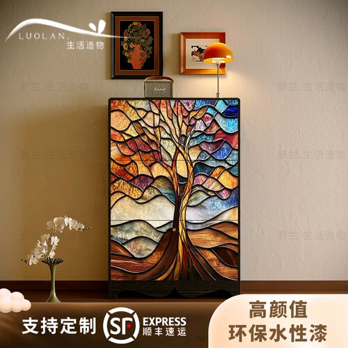 法式艺术彩绘实木翻斗收纳立柜