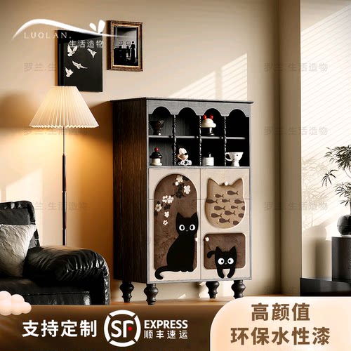法式奶油猫咪实木餐边柜收纳