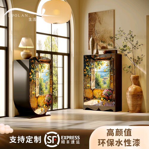 法式彩绘奶油风实木翻斗鞋柜
