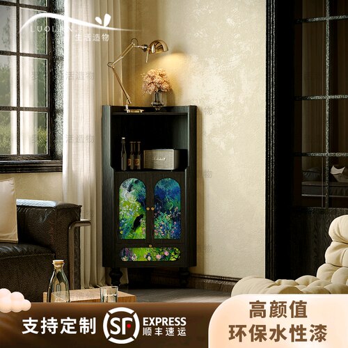 法式彩绘艺术实木三角柜客厅民宿收纳展示柜卧室床头储物角落柜子